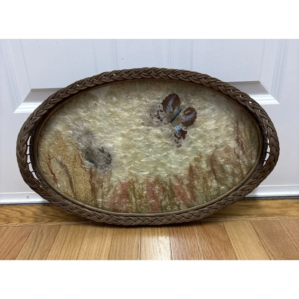 Wicker Oval Serving Tray Real Pressed Butterfly Dried Flower Vintage Glass 19